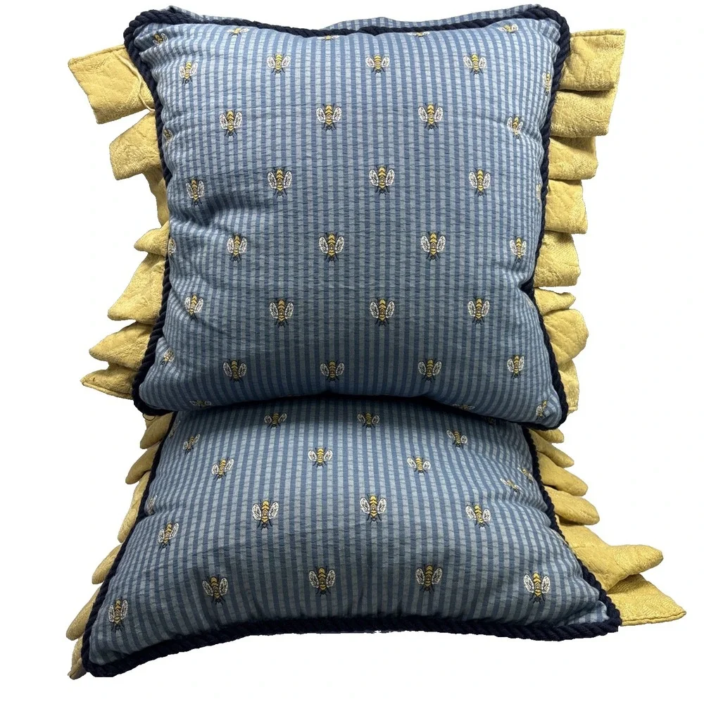 Two Vtg Blue Stripe‎ Yellow Ruffle Embroidered Bee Pillows 22x16